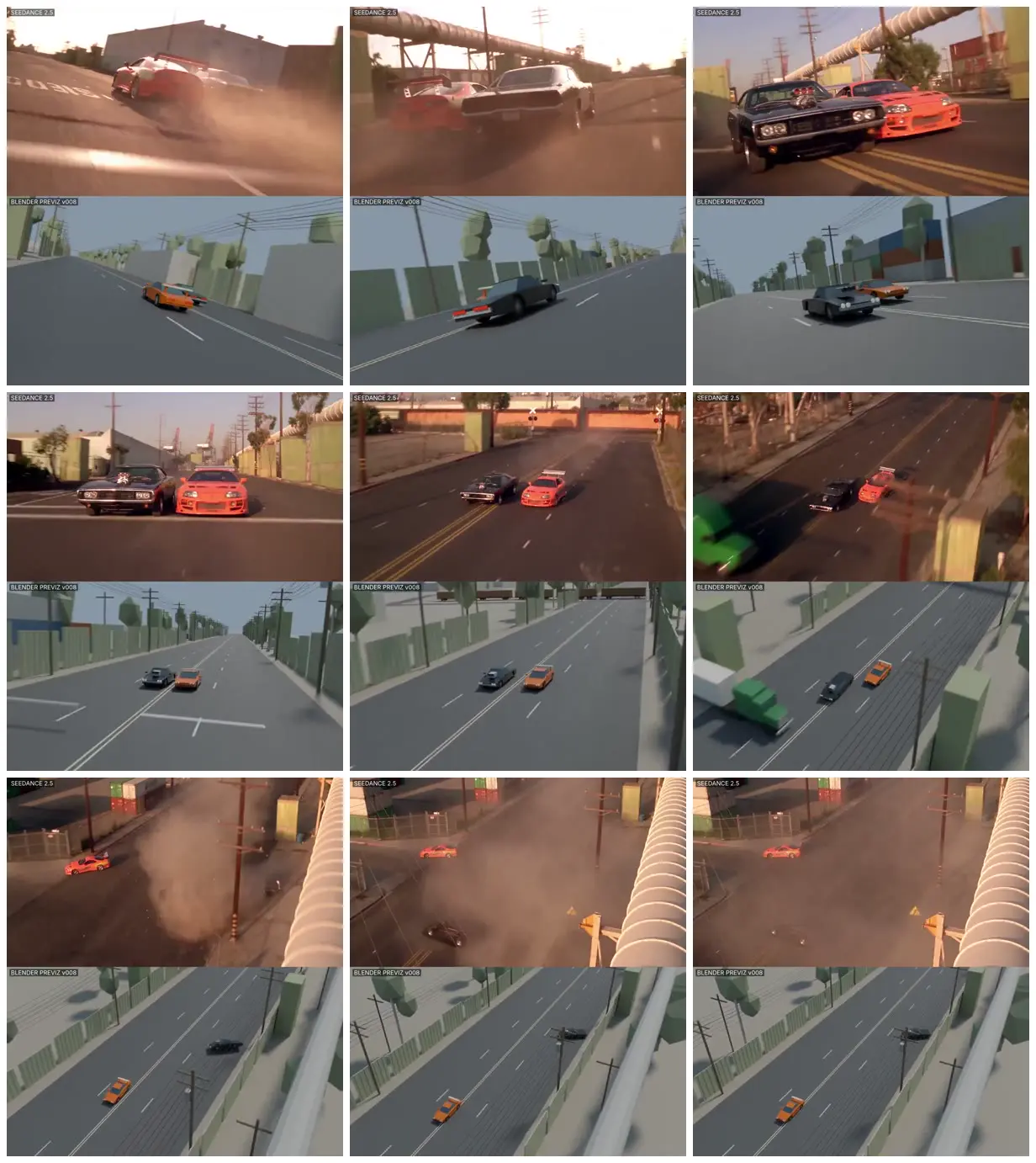 Nine frames from across Two-car race through an industrial port