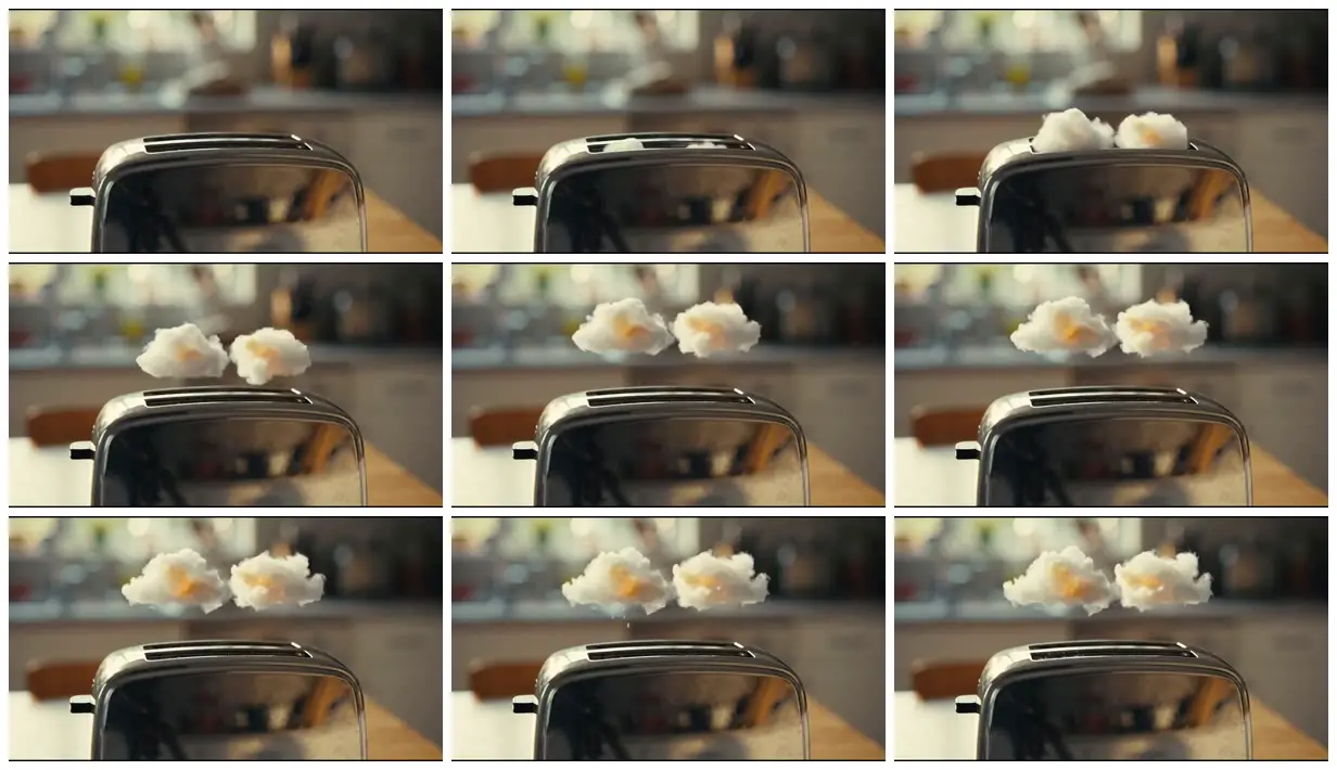 Nine frames from across Two clouds above a chrome toaster