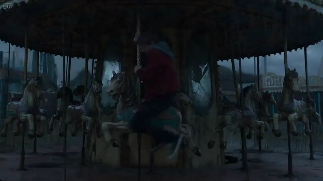 Frame from Two strangers at a stormy carousel