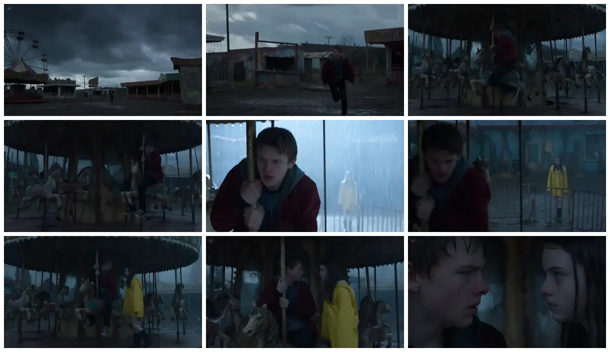 Nine frames from across Two strangers at a stormy carousel