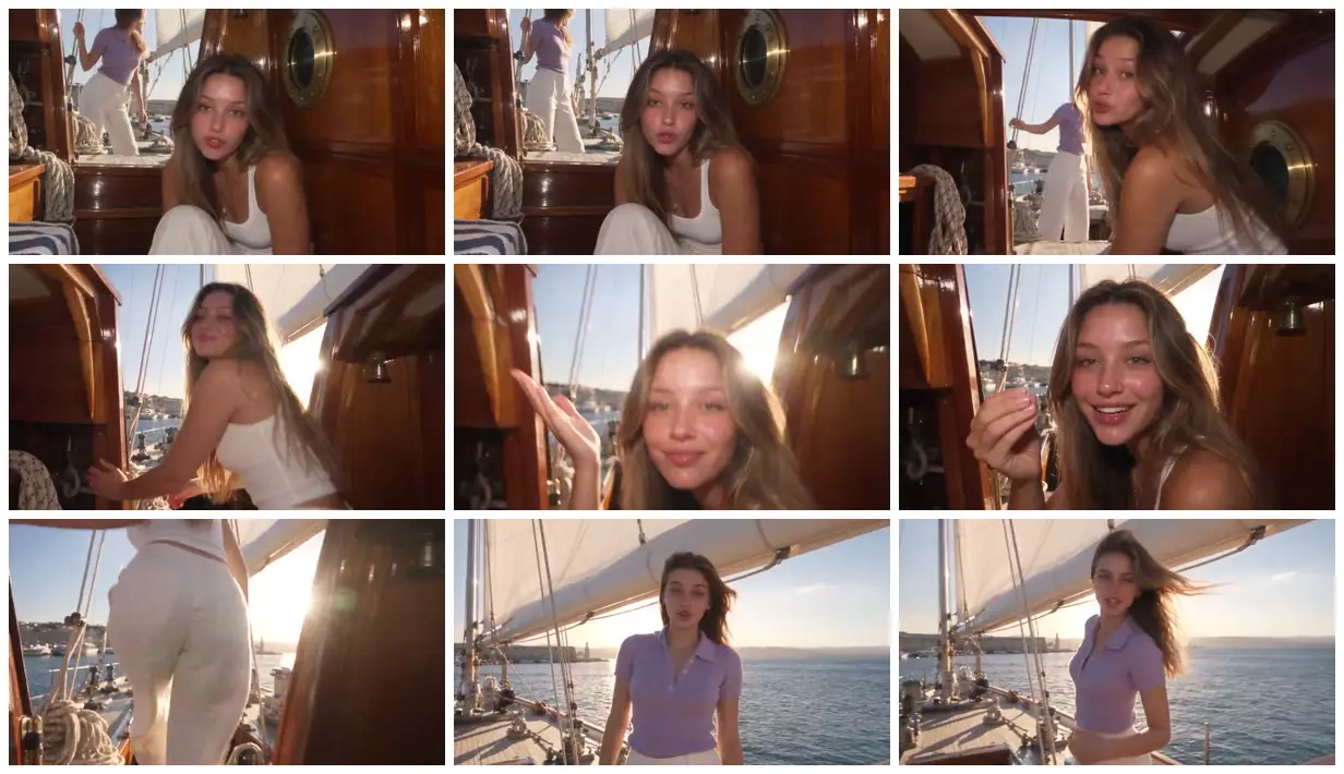 Nine frames from across Two women aboard a wooden sailboat