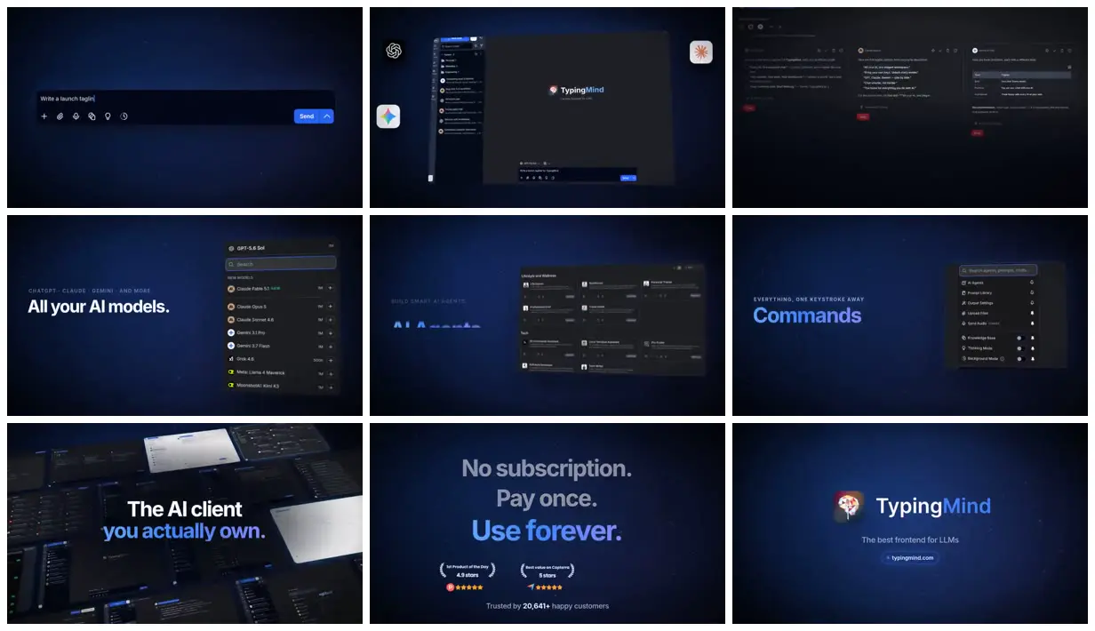 Nine frames from across TypingMind panels on midnight blue