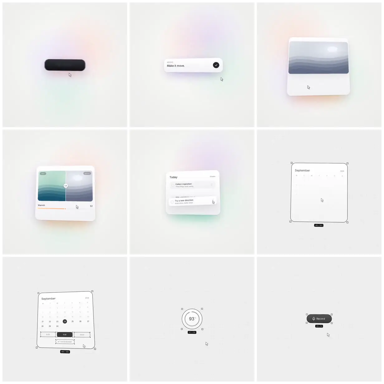 Nine frames from across UI cards with selection outlines