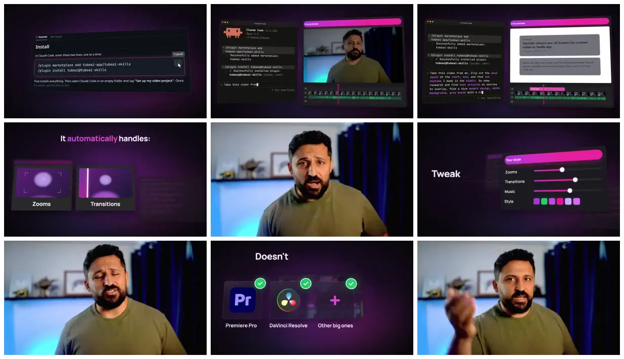 Nine frames from across Video editing in purple interface cards