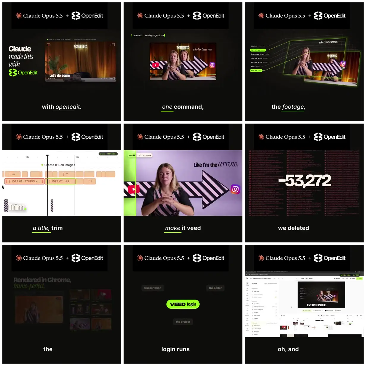 Nine frames from across Video layers become an editable project