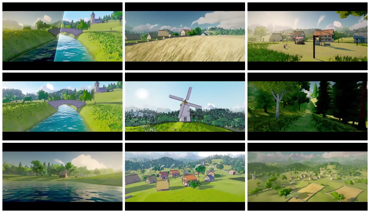 Nine frames from across Village landscapes in five render styles