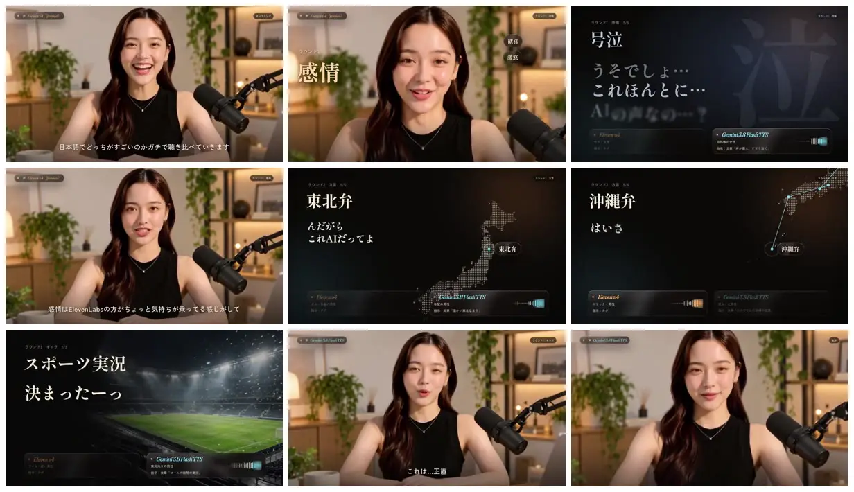 Nine frames from across Voice tests with maps and a presenter