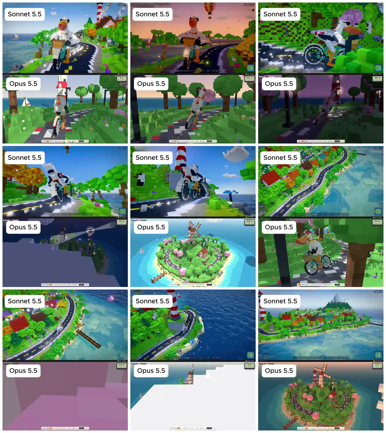 Nine frames from across Voxel cyclist on a coastal island