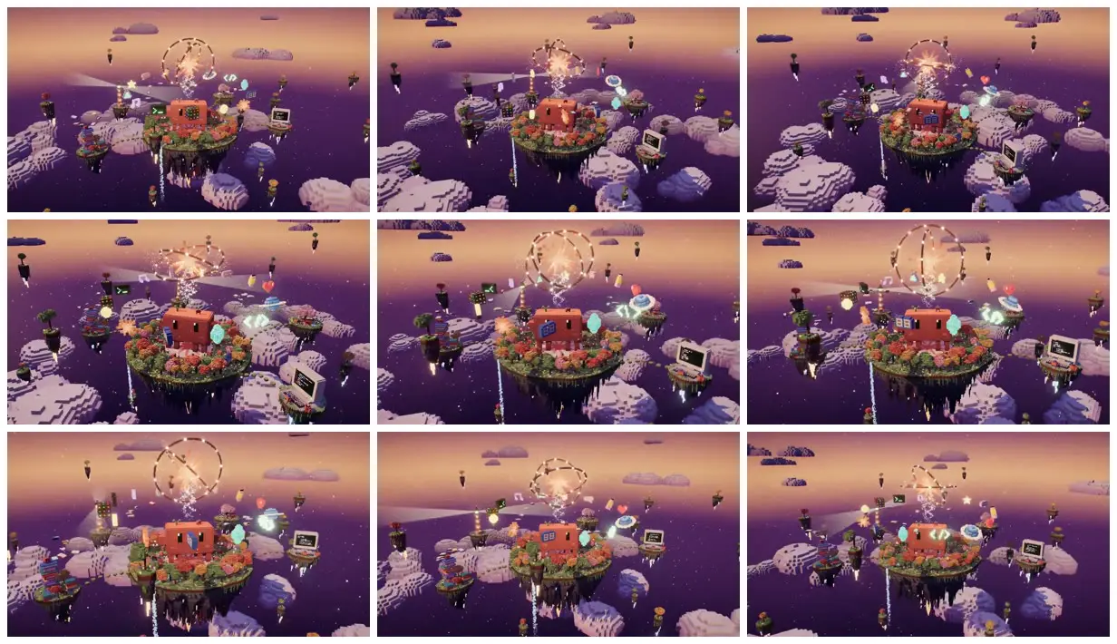Nine frames from across Voxel house on a floating garden