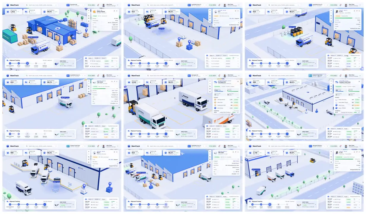 Nine frames from across Warehouse dashboard as a miniature world
