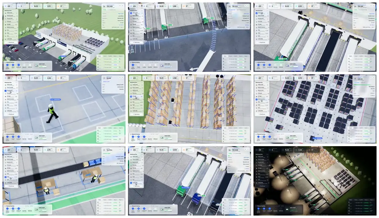 Nine frames from across Warehouse logistics in miniature