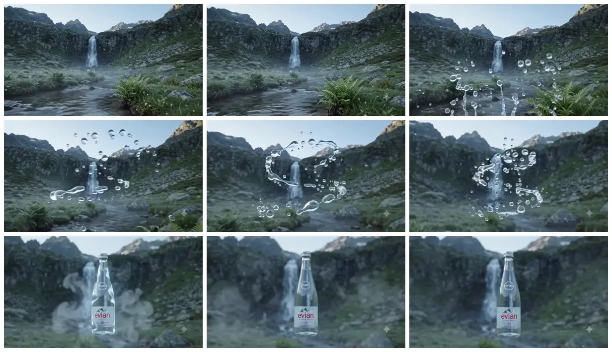 Nine frames from across Water droplets and an alpine bottle