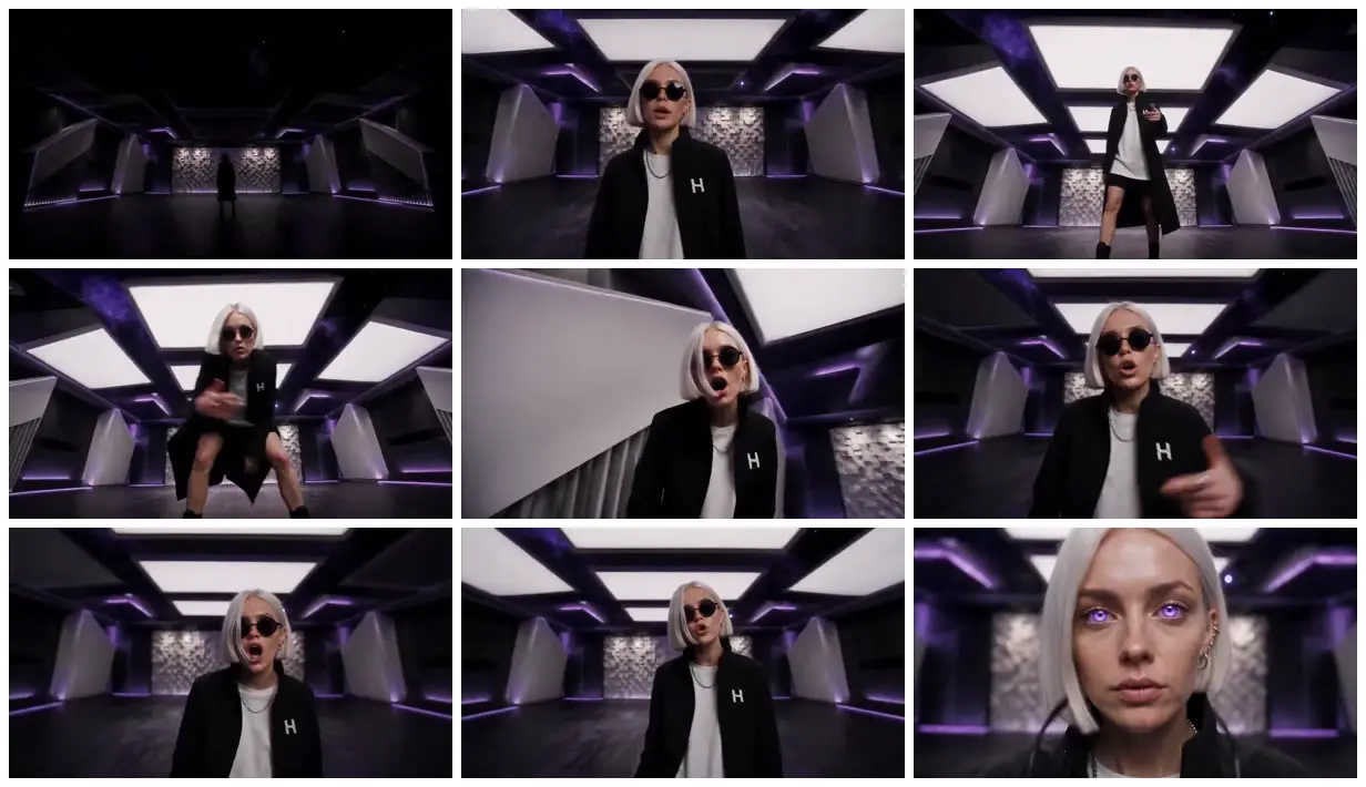 Nine frames from across White-haired performer in violet studio
