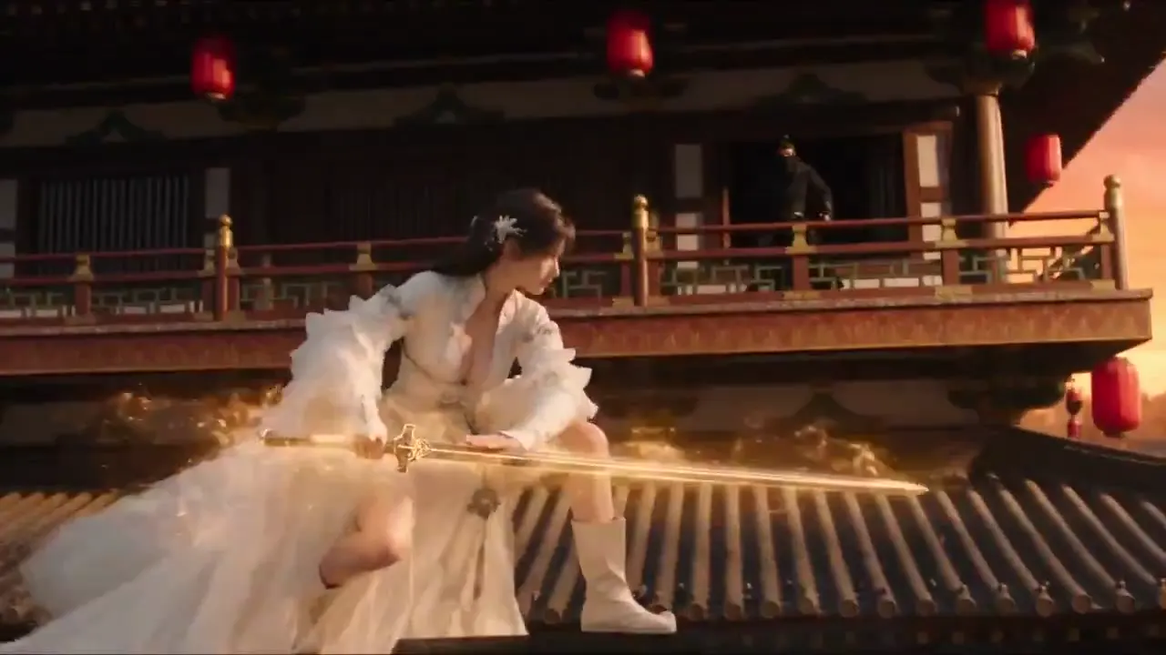 Frame from White-robed swordswoman above the city