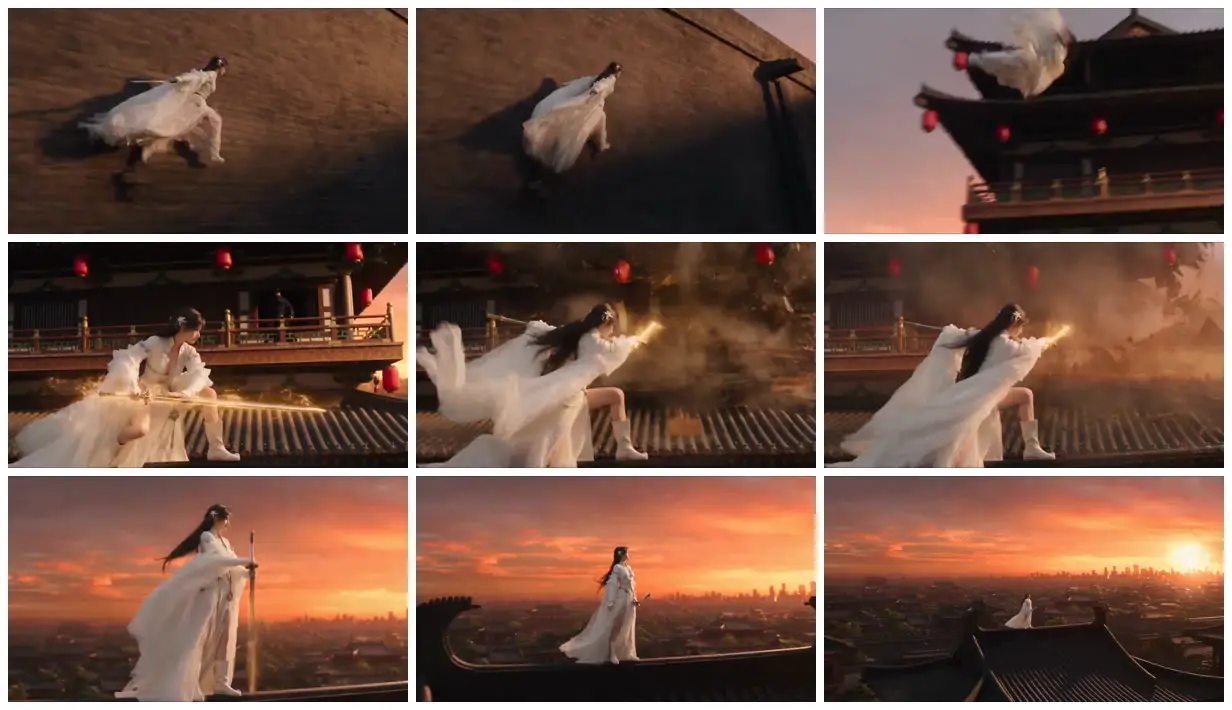 Nine frames from across White-robed swordswoman above the city