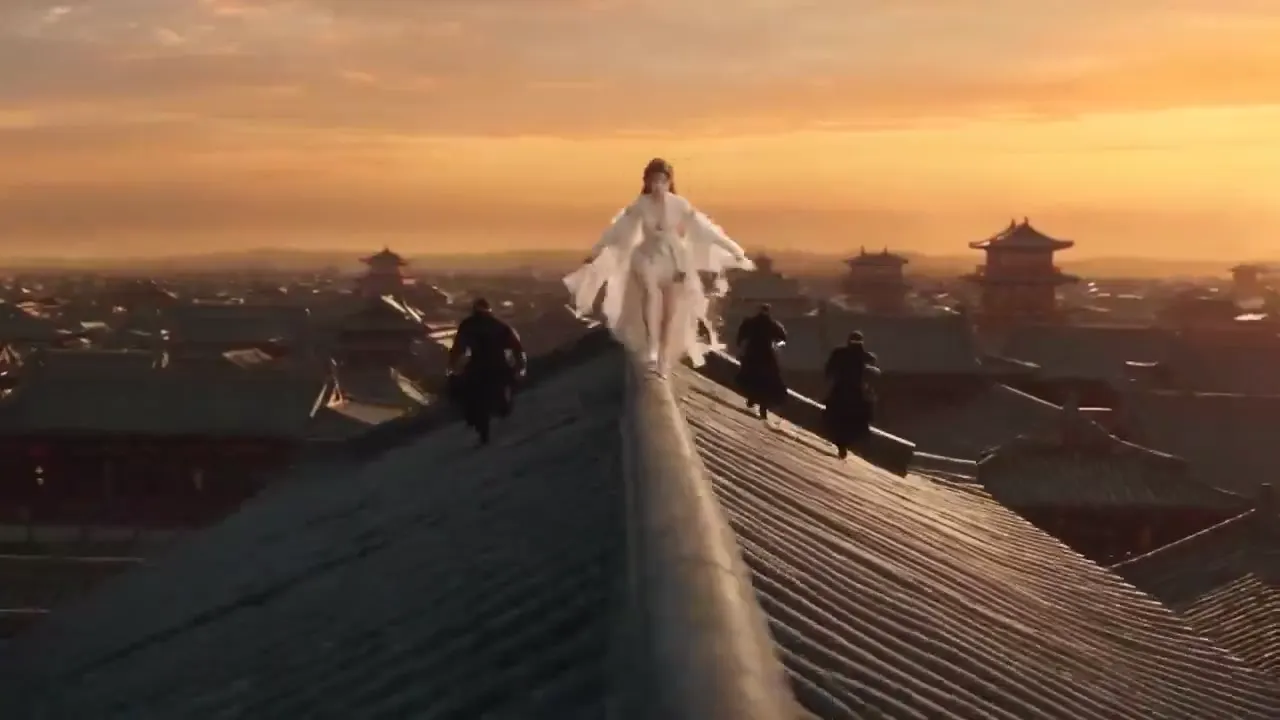 Frame from White-robed swordswoman above the roofs