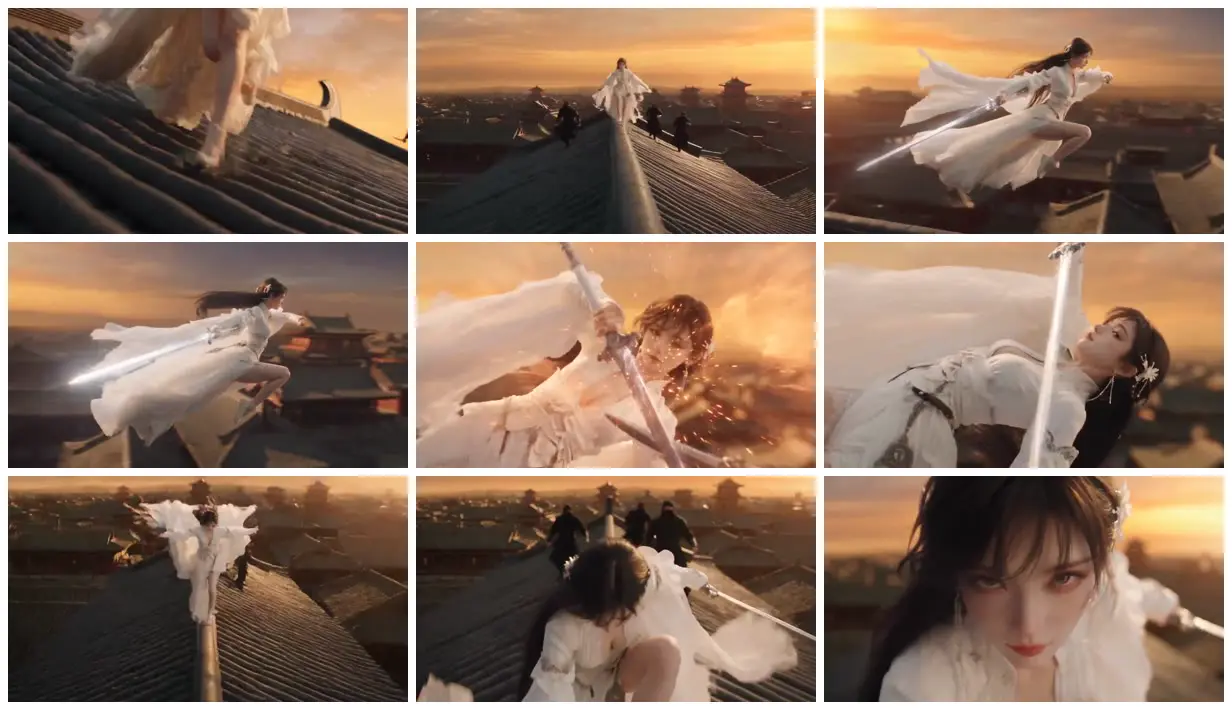 Nine frames from across White-robed swordswoman above the roofs