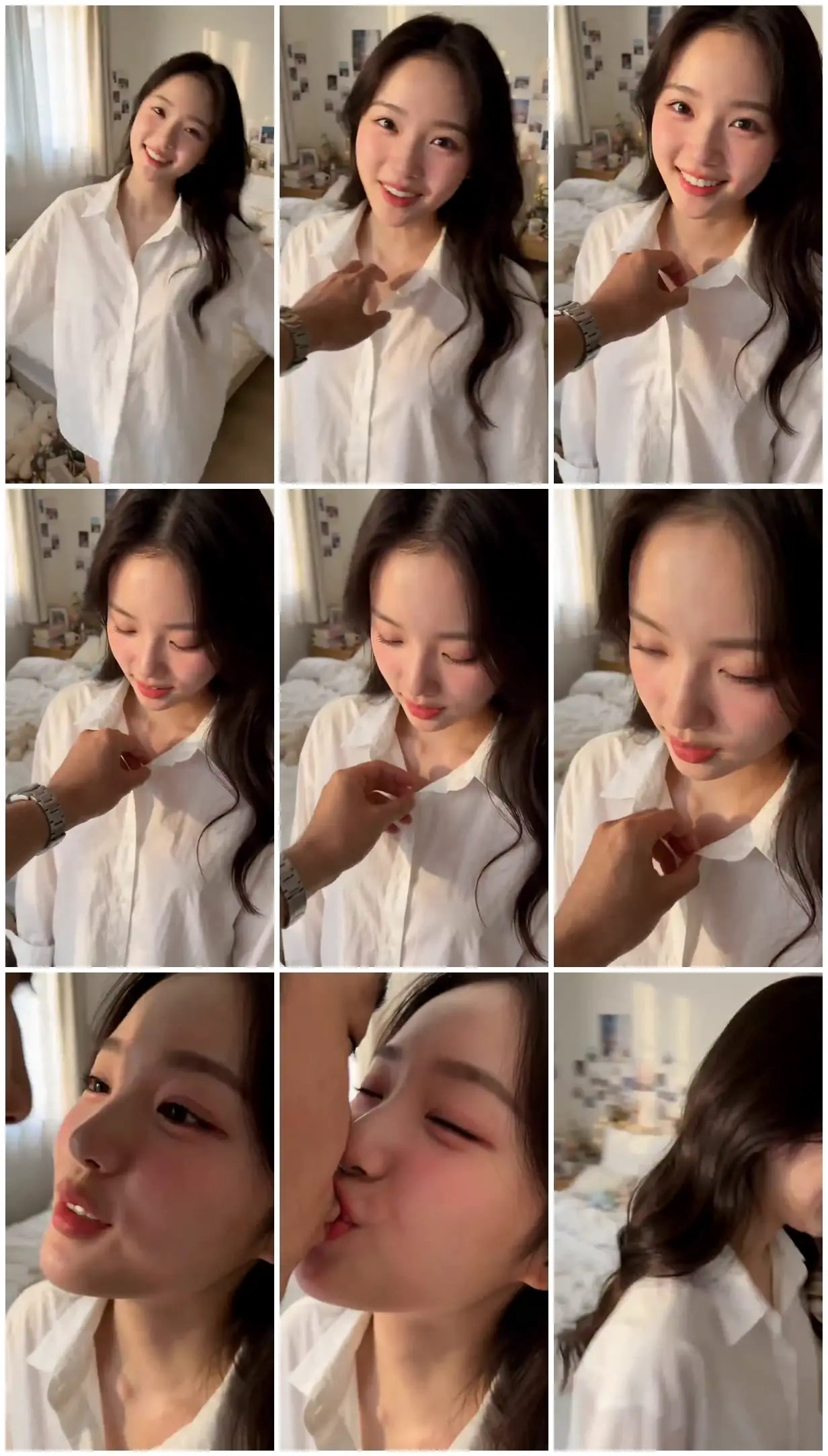 Nine frames from across White shirt in a sunlit bedroom