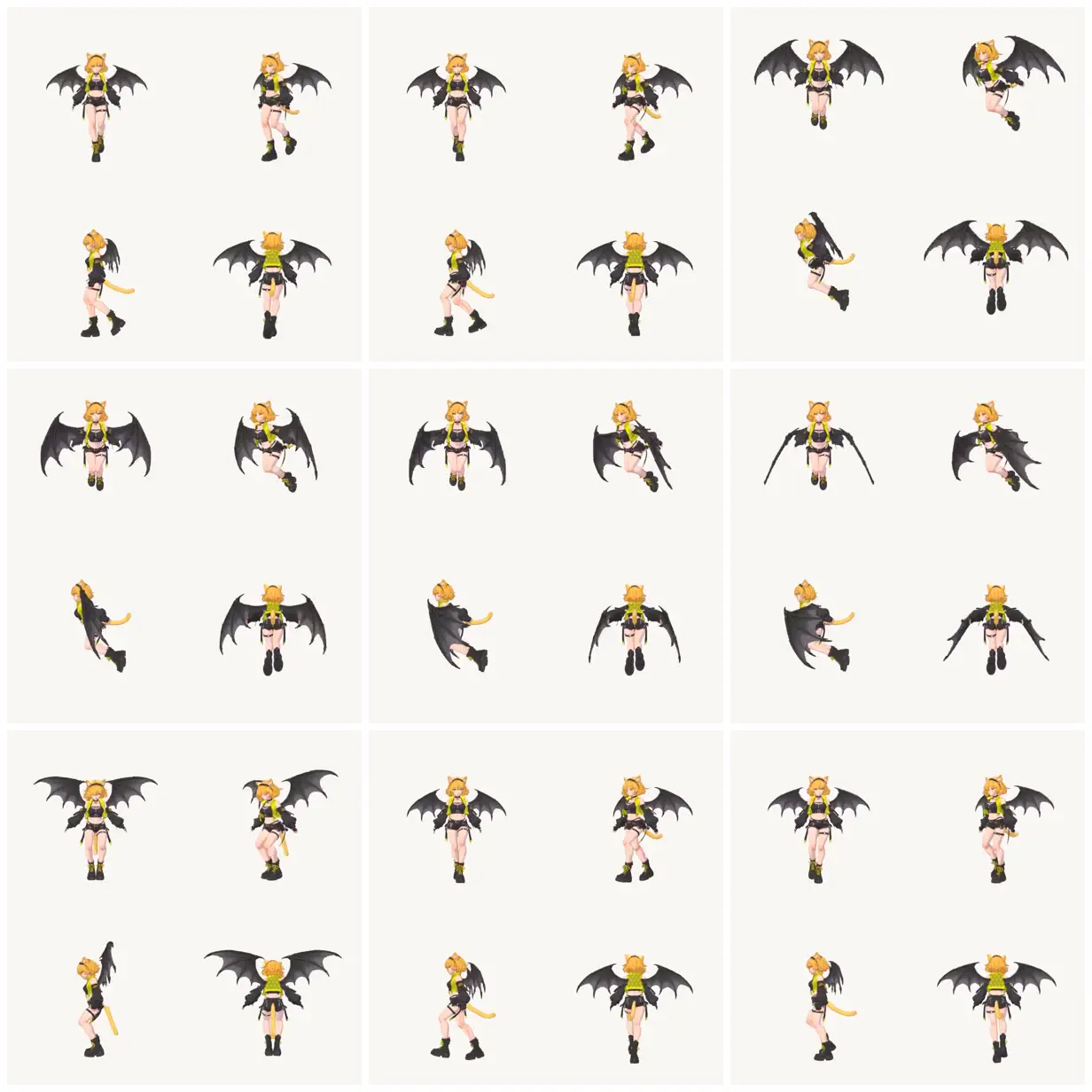 Nine frames from across Winged character pose study