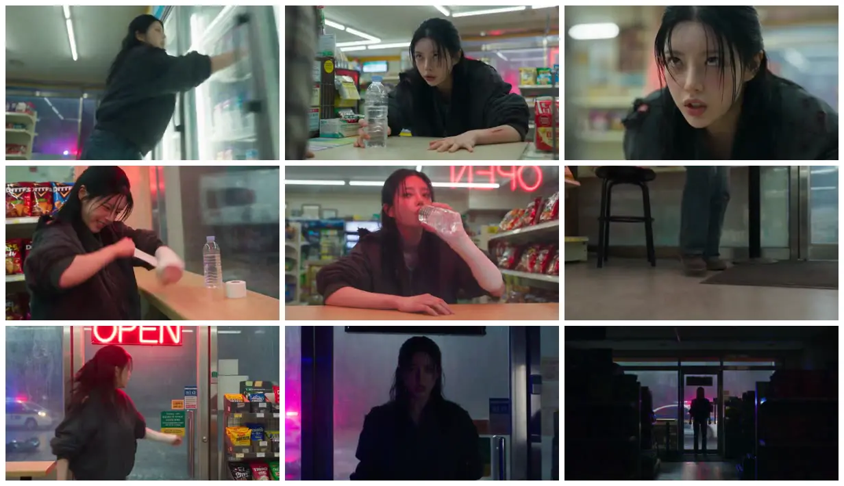 Nine frames from across Woman at a rain-soaked mini-mart