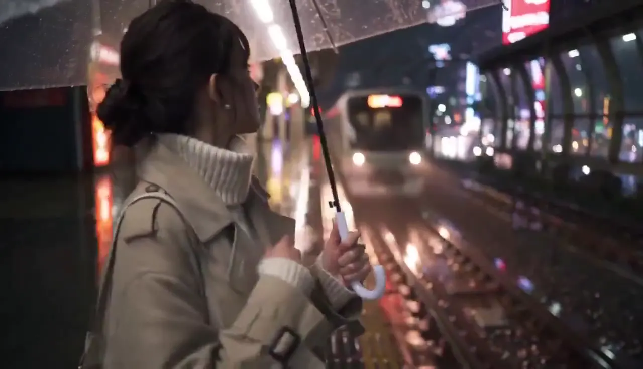 Frame from Woman beneath an umbrella at a station
