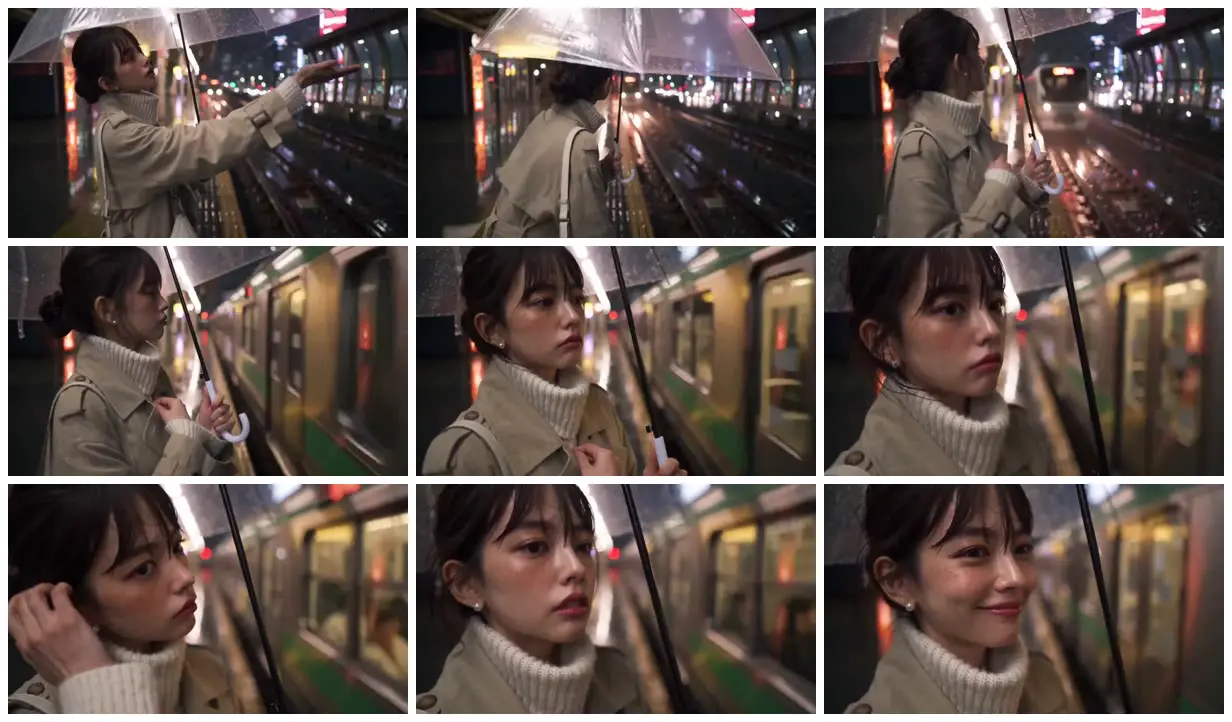 Nine frames from across Woman beneath an umbrella at a station