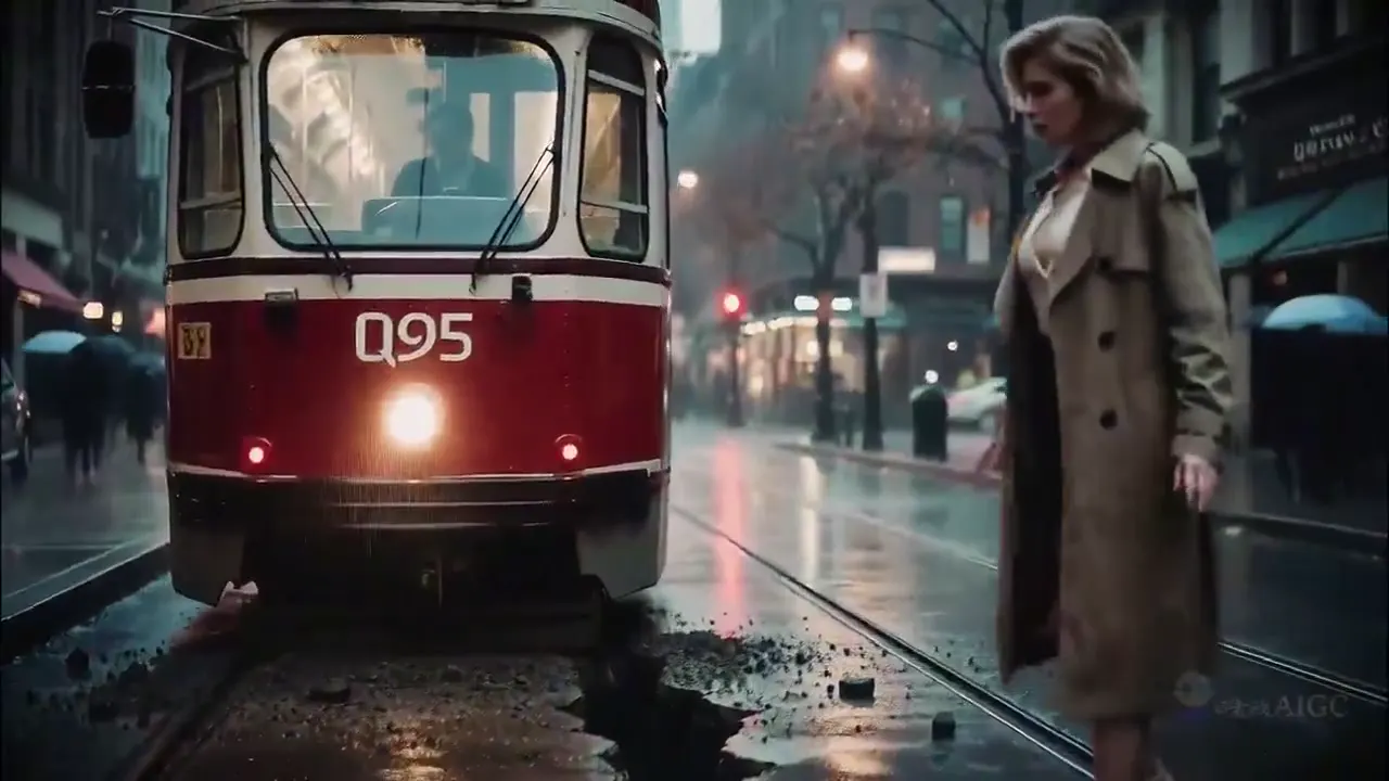 Frame from Woman beside a tram on broken rails