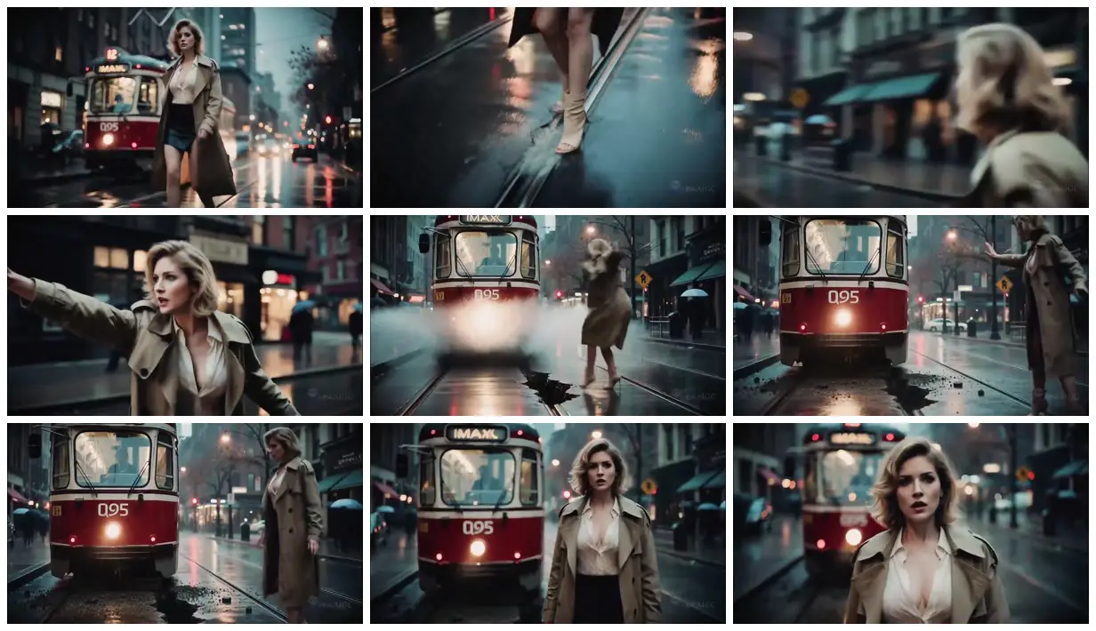 Nine frames from across Woman beside a tram on broken rails