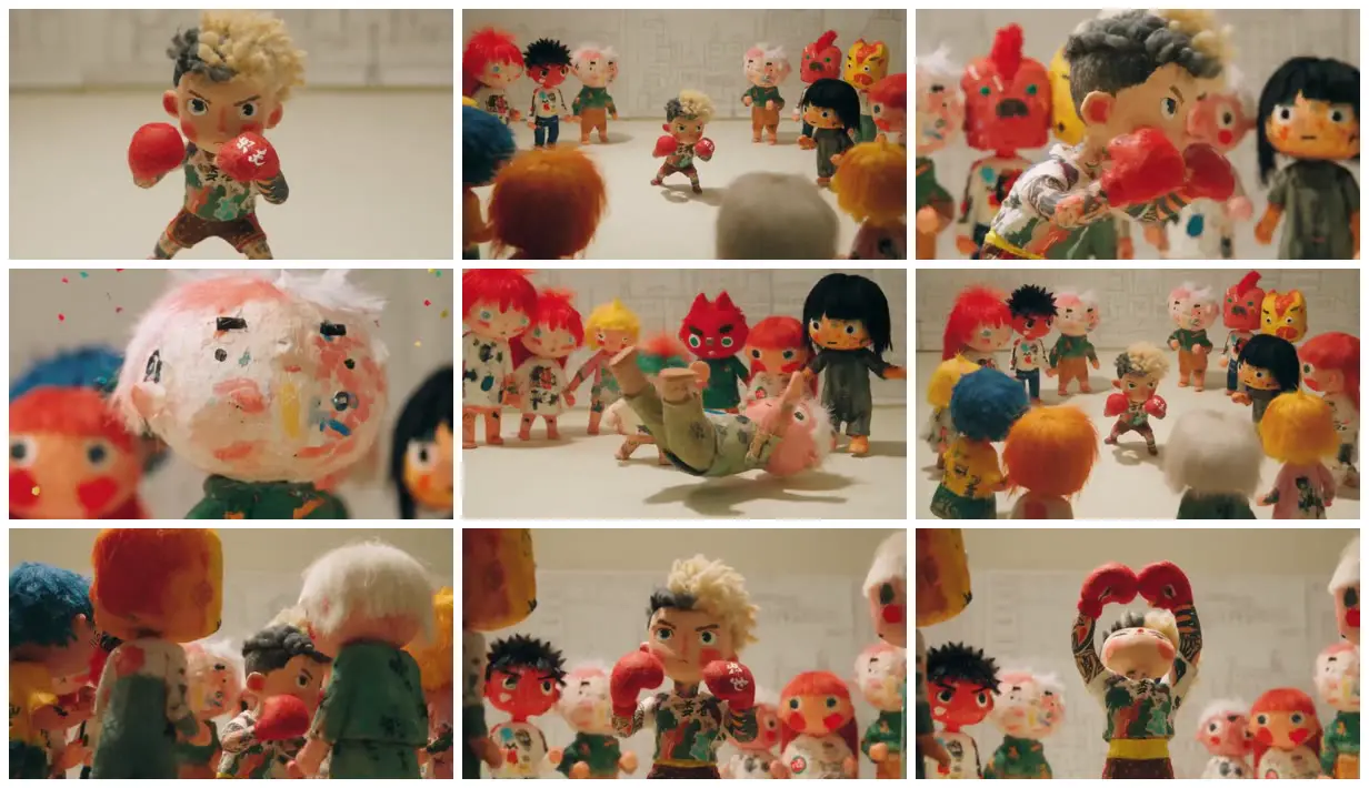 Nine frames from across Wool-haired boxer among painted dolls