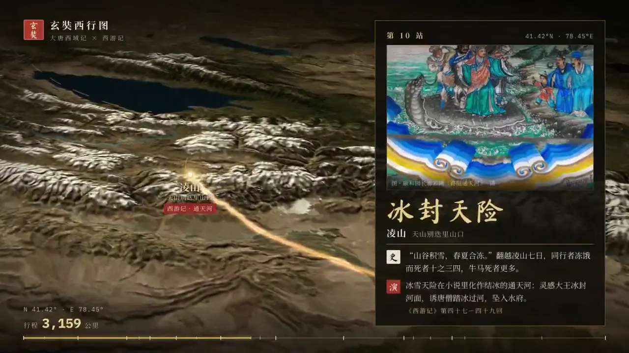 Frame from Xuanzang’s route across relief maps
