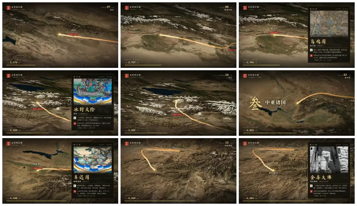 Nine frames from across Xuanzang’s route across relief maps