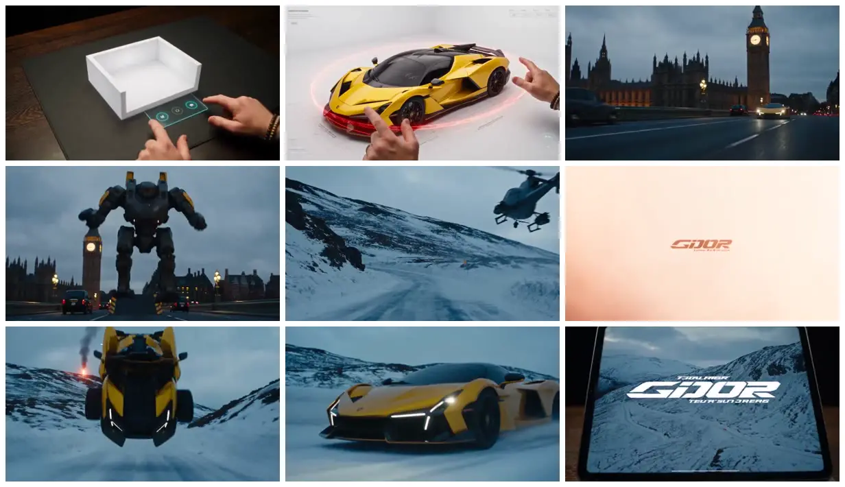 Nine frames from across Yellow hypercar and mechanical exosuit