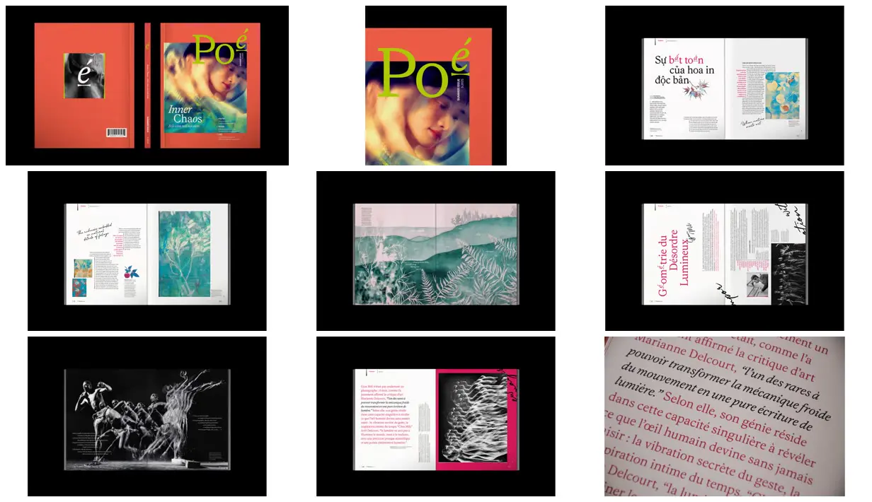 Nine frames from across Poé poetry and art magazine