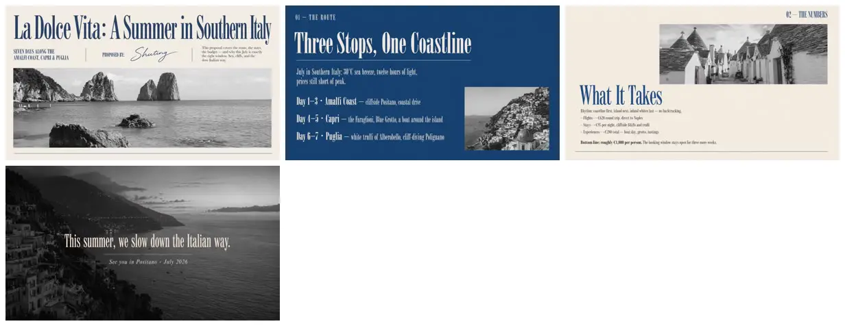 Nine frames from across Southern Italy travel proposal