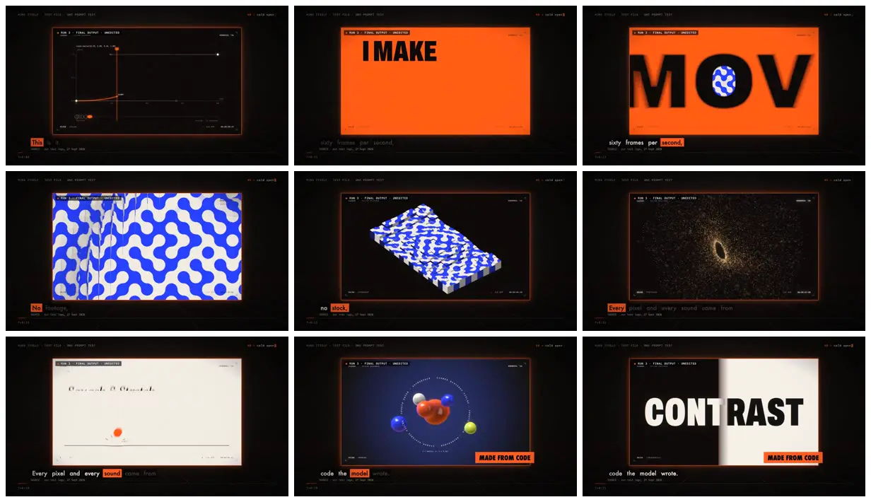 Nine frames from across Viral showreel prompt run three times
