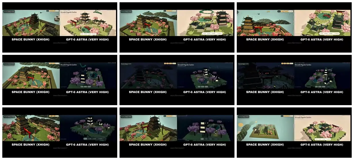 Nine frames from across Voxel Japanese garden with a pagoda