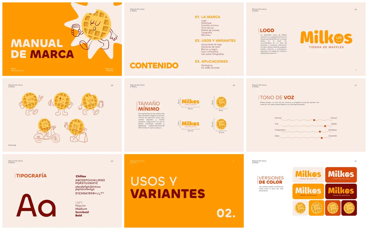Nine frames from across Waffle shop identity manual