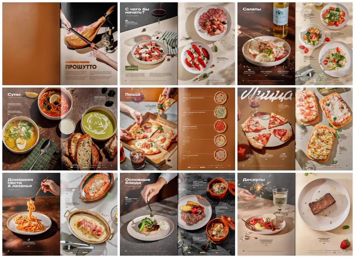 Nine frames from across Sunlit Italian restaurant menu