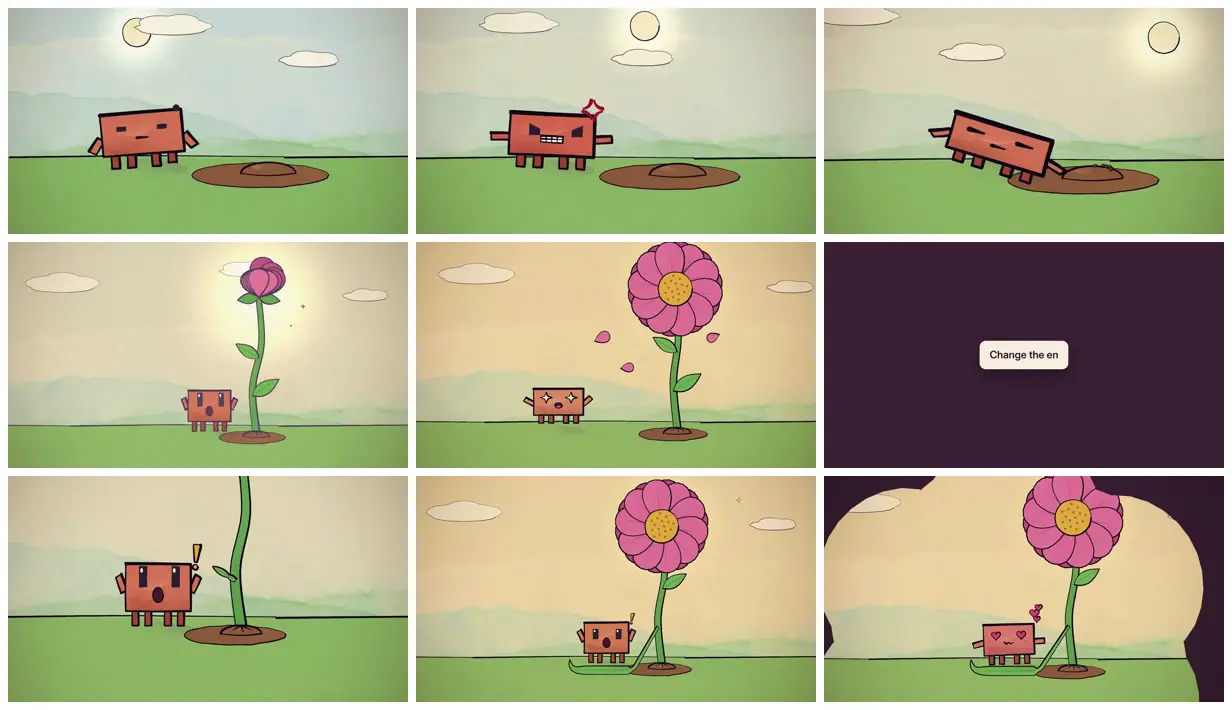 Nine frames from across Clawd plants a seed: a watercolour cartoon