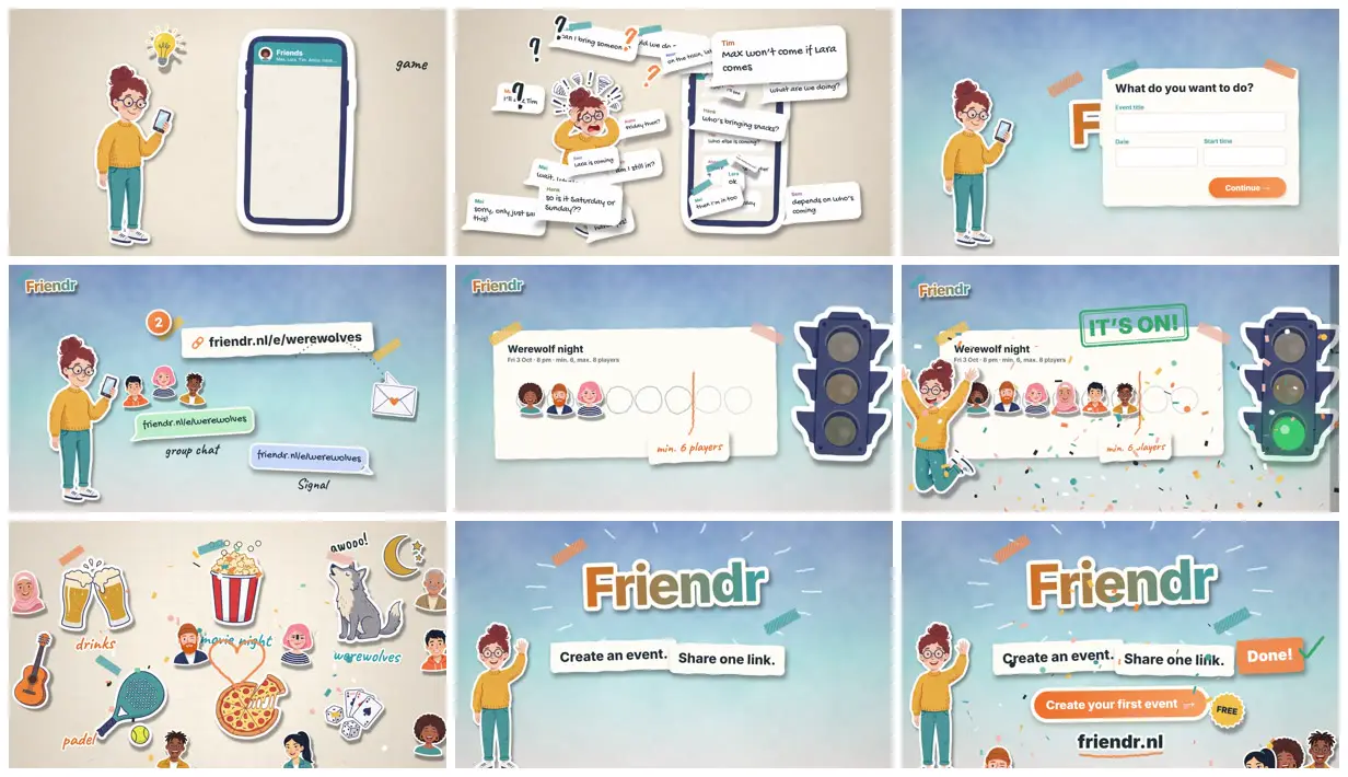 Nine frames from across Paper-collage explainer for an events app