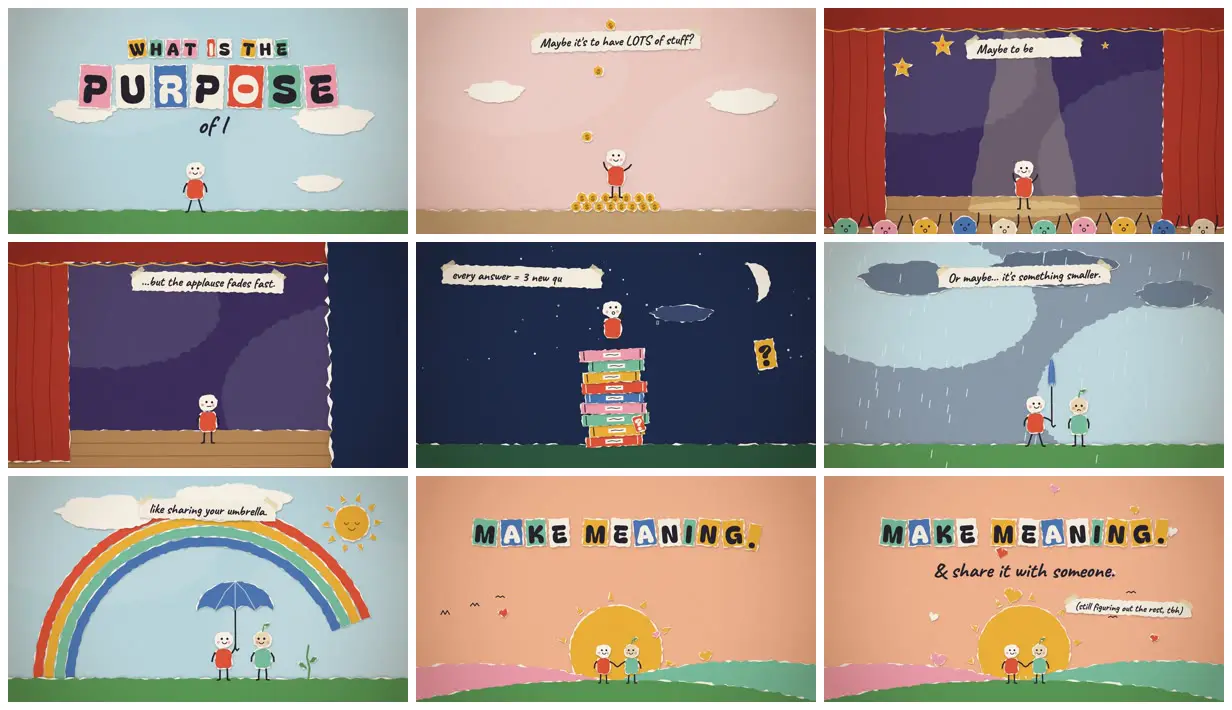 Nine frames from across Paper collage asking the purpose of life