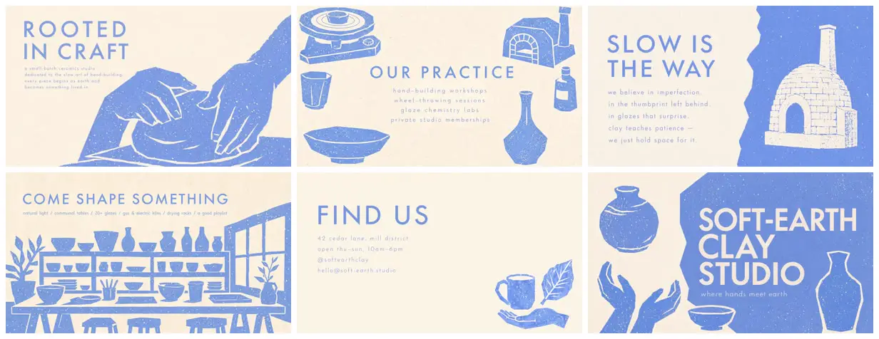 Nine frames from across Woodcut ceramics studio deck