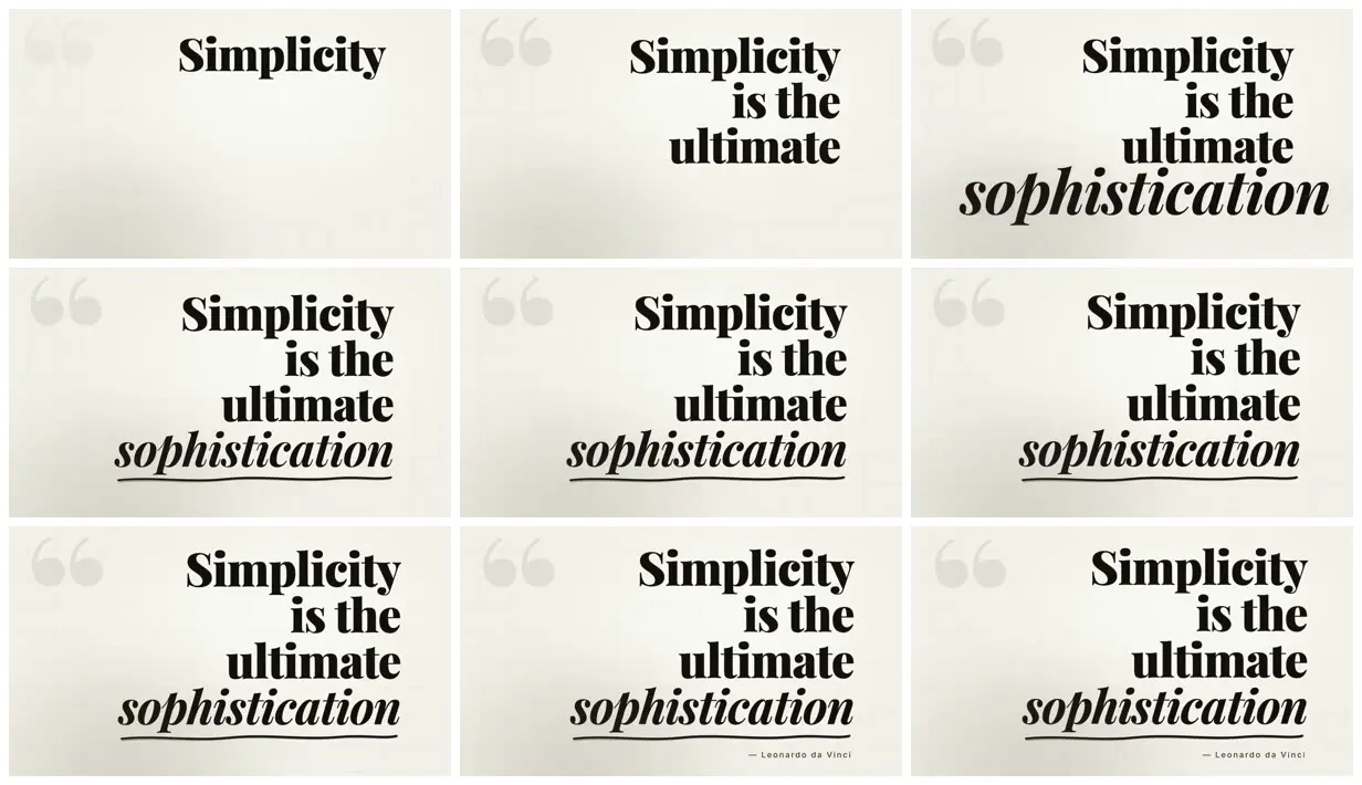 Nine frames from across Word-by-word serif quote with underline