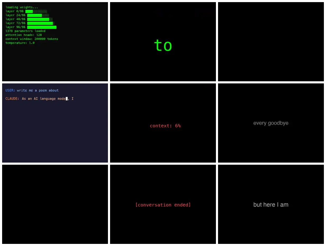 Nine frames from across YouTube Poop about being an LLM